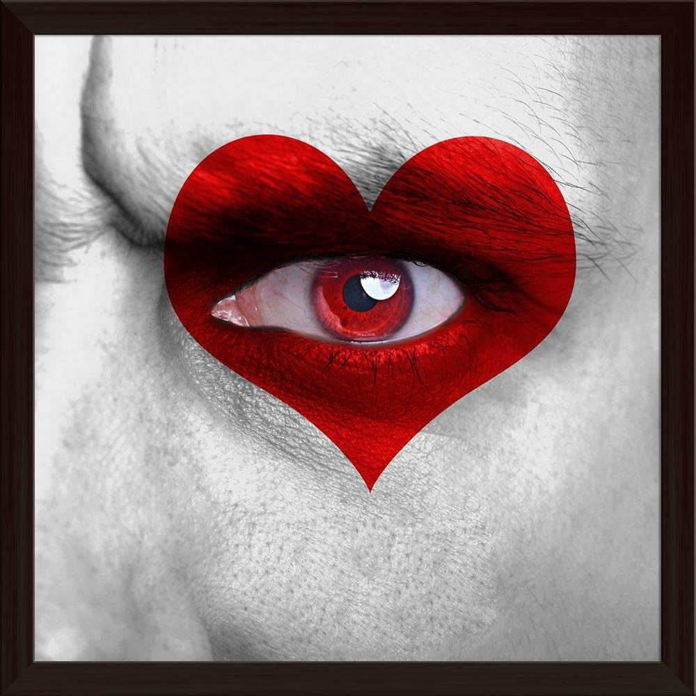 Artzfolio Human Face with Red Heart On Eye Tabletop Painting Dark Brown Frame 14 X 14Inch