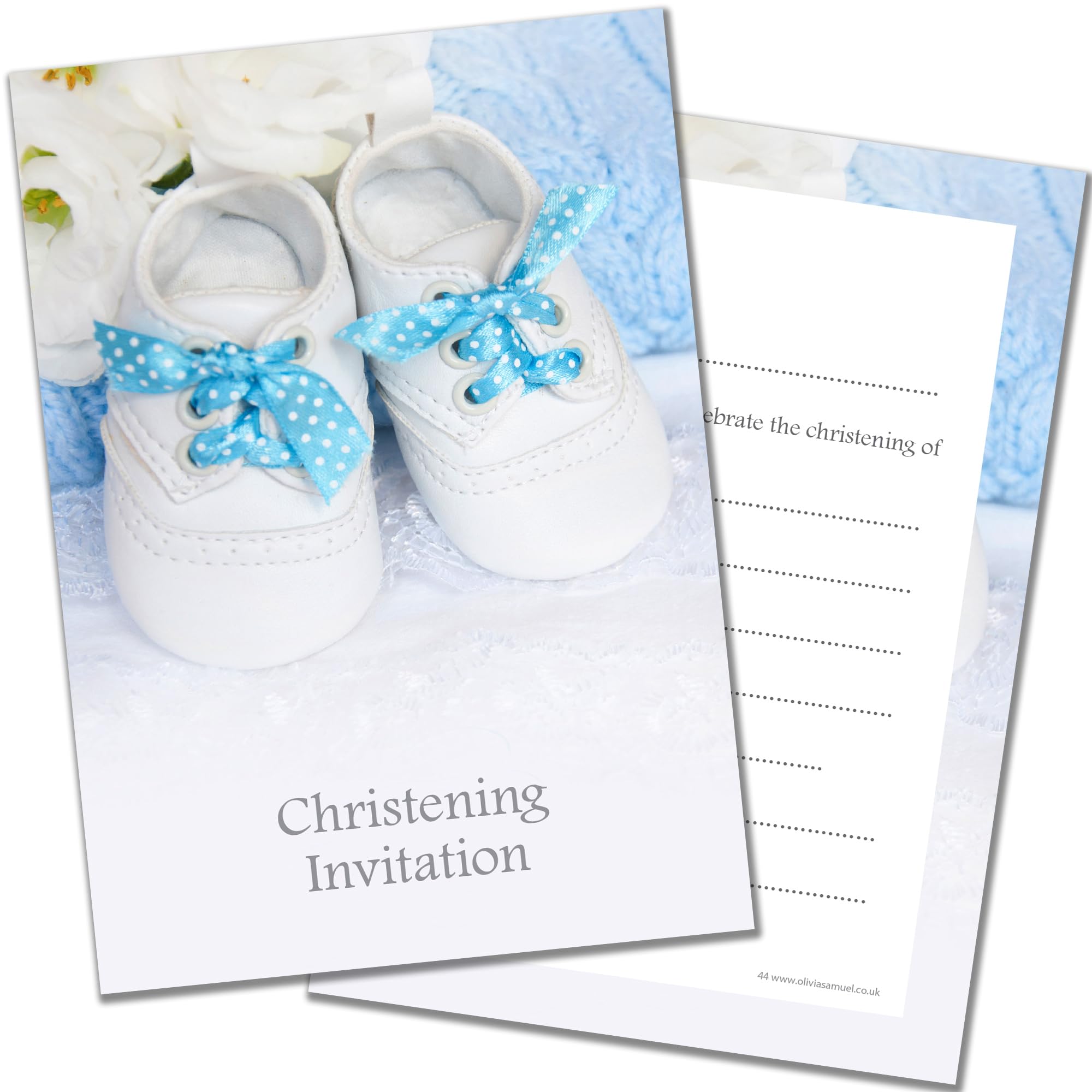 Olivia Samuel 20 x Christening Invitations from Boys Blue Shoes Design - A6 Postcard Size with envelopes