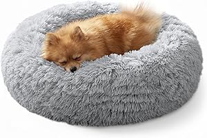 JOLLYVOGUE Small Dog & Cat Beds for Indoor Cats, Donut Cuddler Warming Soft Dog Beds with Anti-Slip Bottom, Round Calming Fluffy Plush Faux Fur Cushion Bed for Small Dogs (20", Smoke Grey)