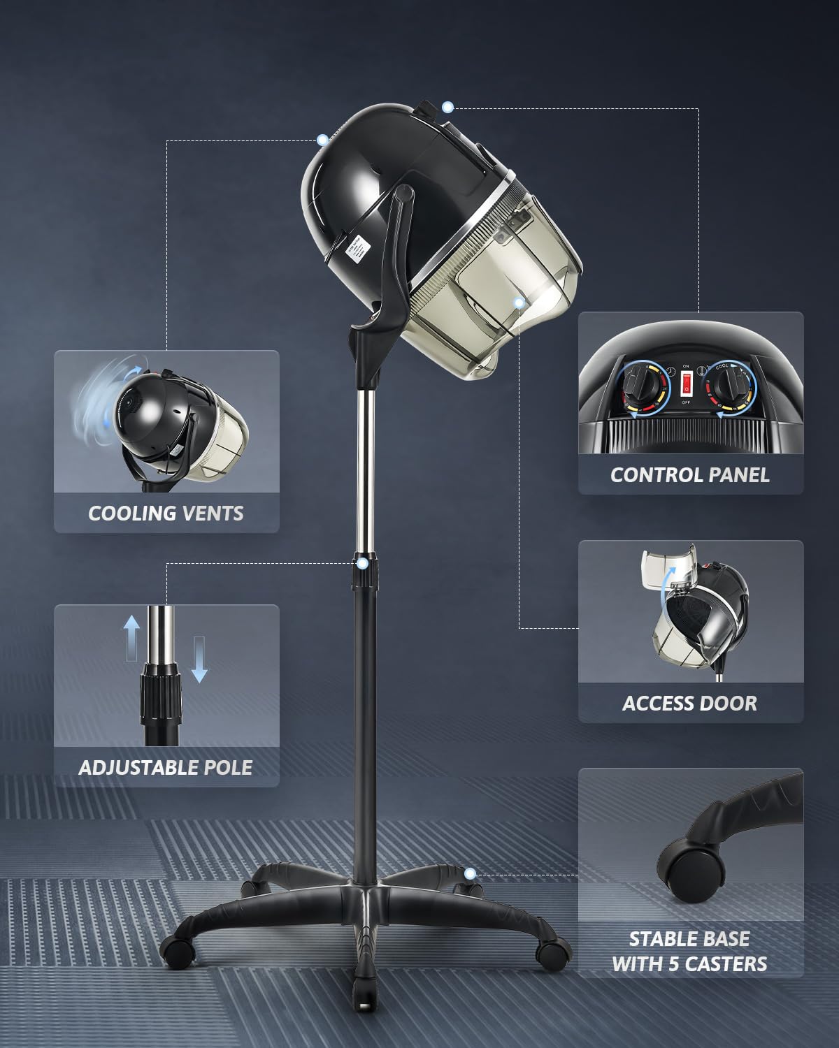 CO-Z 1300W Black Hooded Hair Dryer with Stand, Adjustable Height, 360 Swivel, Wheels, Temperature Timer, Safe Use