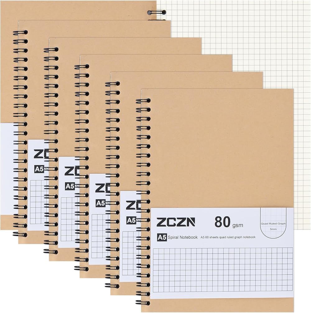 ZCZN A5 6 Pack Squared Notebook 5mm Graph Grid 120 Pages 80gsm Spiral