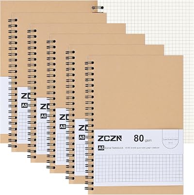 ZCZN A5 6 Pack Squared Notebook 5mm Graph Grid 120 Pages 80gsm Spiral