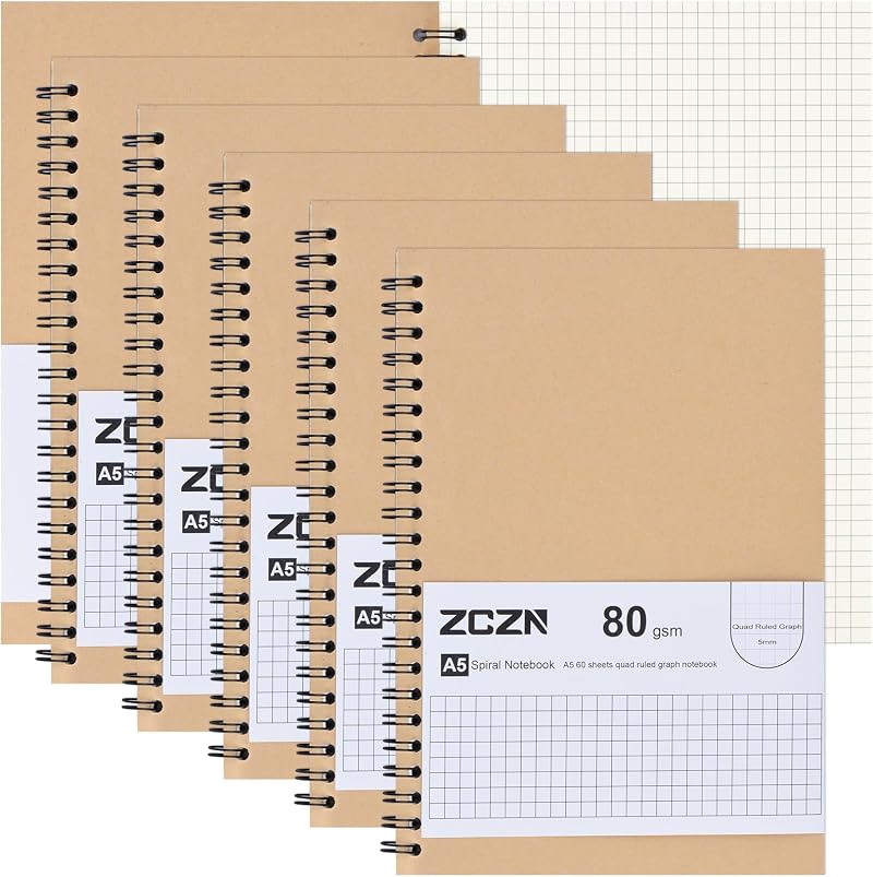 ZCZN A5 6 Pack Squared Notebook 5mm Graph Grid 120 Pages 80gsm Spiral