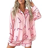 Springcmy Women 2Pcs Silk Christmas Pajamas Set Floral Long Sleeve Button Up Shirt Ruffle Shorts Pjs Sets Loungewear