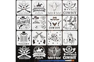 FINGERINSPIRE 12 Pcs Cowboy Painting Stencil with Brush 5.9x5.9 Inch Cowboy Hat Rifle Star Rope Bandana Bull Skull Horseshoe 