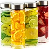 Juice Bottles, Wide Mouth Glass Water Bottles &amp; Stainless Steel Lids, 16oz | 4-Pack Glass Bottles for Juicing, Smoothies, Beverage Storage, BPA-Free, Leakproof, Reusable, Borosilicate Glass Jars, Clear