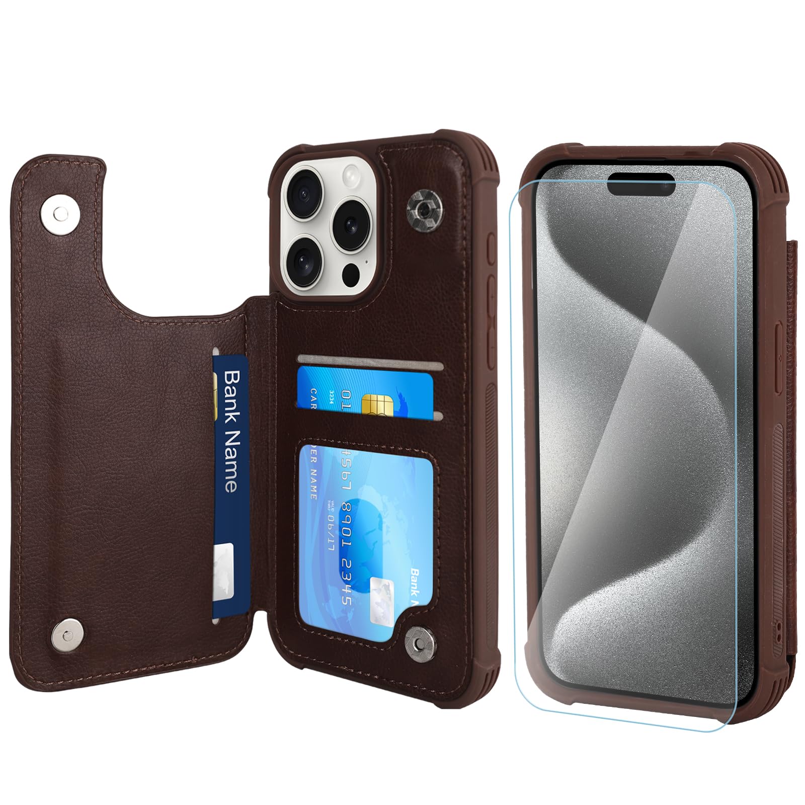 VANAVAGY Wallet Case Compatible for iPhone 15 Pro Max,Leather Flip Folio Shockproof Phone Cover Fit Magnetic Car Mount [Screen Protector Included] with Credit Card Holder, brown
