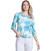 Jones New York Women's Printed Moss Crepe Crewneck with 3Q Puff, NYC White Multi