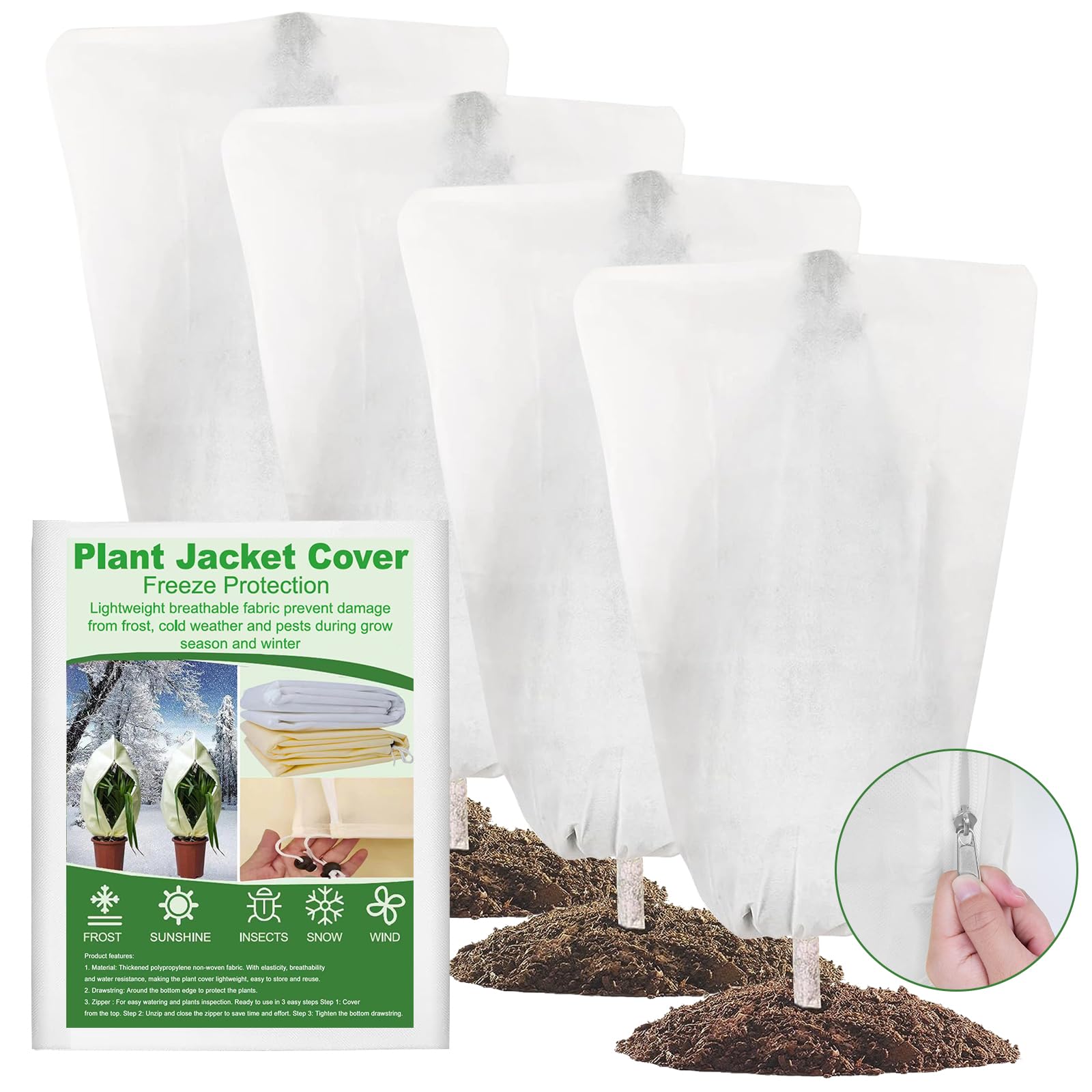 Vegamall 4 Packs 60 x 80cm Plant Fleece Frost Protection, Plant Covers for Winter with Zip and Drawstring, Reusable Plants Frost Protection Covers for Outdoor and Indoor Garden Fleece