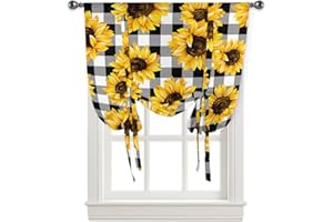 ARTSHOWING Sunflower Tie Up Curtain for Kitchen Adjustable Balloon Window Shade 45 Inch Length Watercolor Farm Sunflowers Black White Plaid Rod Pocket Curtain Drape for Bedroom Living Room 34"x45" Valance