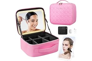 PEEH Lighted Makeup Case, Travel Make Up Organizer Bag Cosmetic Case with Adjustable Lighted Mirror 3 Color and 10x Magnifying Mirror, Adjustable Dividers Makeup Train Case Gift for Women (Pink)