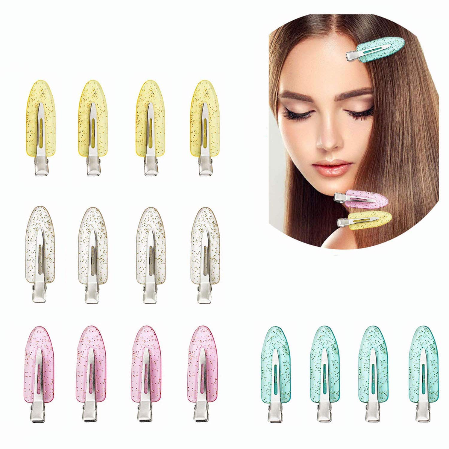 TsLinc 16 Pcs No Bend Hair Clips Makeup Curl Clips No Crease Pin Curl Clips for Hairstyle Bangs Waves Styling or Makeup Application (Pink,Transparent,Green,Yellow)