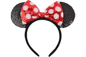 XINXIYAN Glitter Sequin Mouse Ears Headbands with Bow for Women - Birthday Party Princess Decoration (Red, One Size)