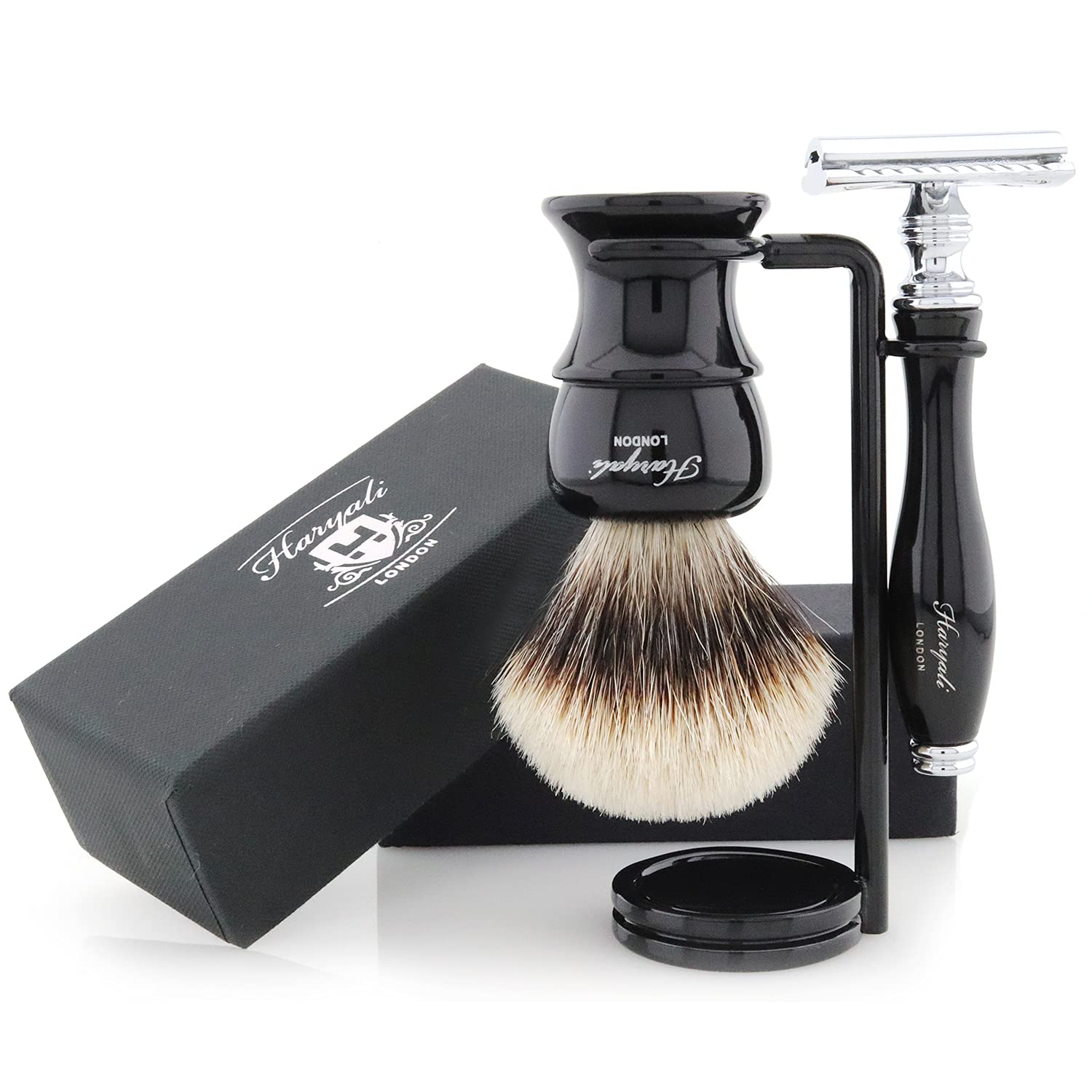 Haryali London, 3 Pcs Wet Shaving Set, Double Shaving Razor with Synthetic Silver Tip Shaving Brush & Shaving Stand – Luxury Men’s Grooming Kit for Wet Shave – Mens Grooming