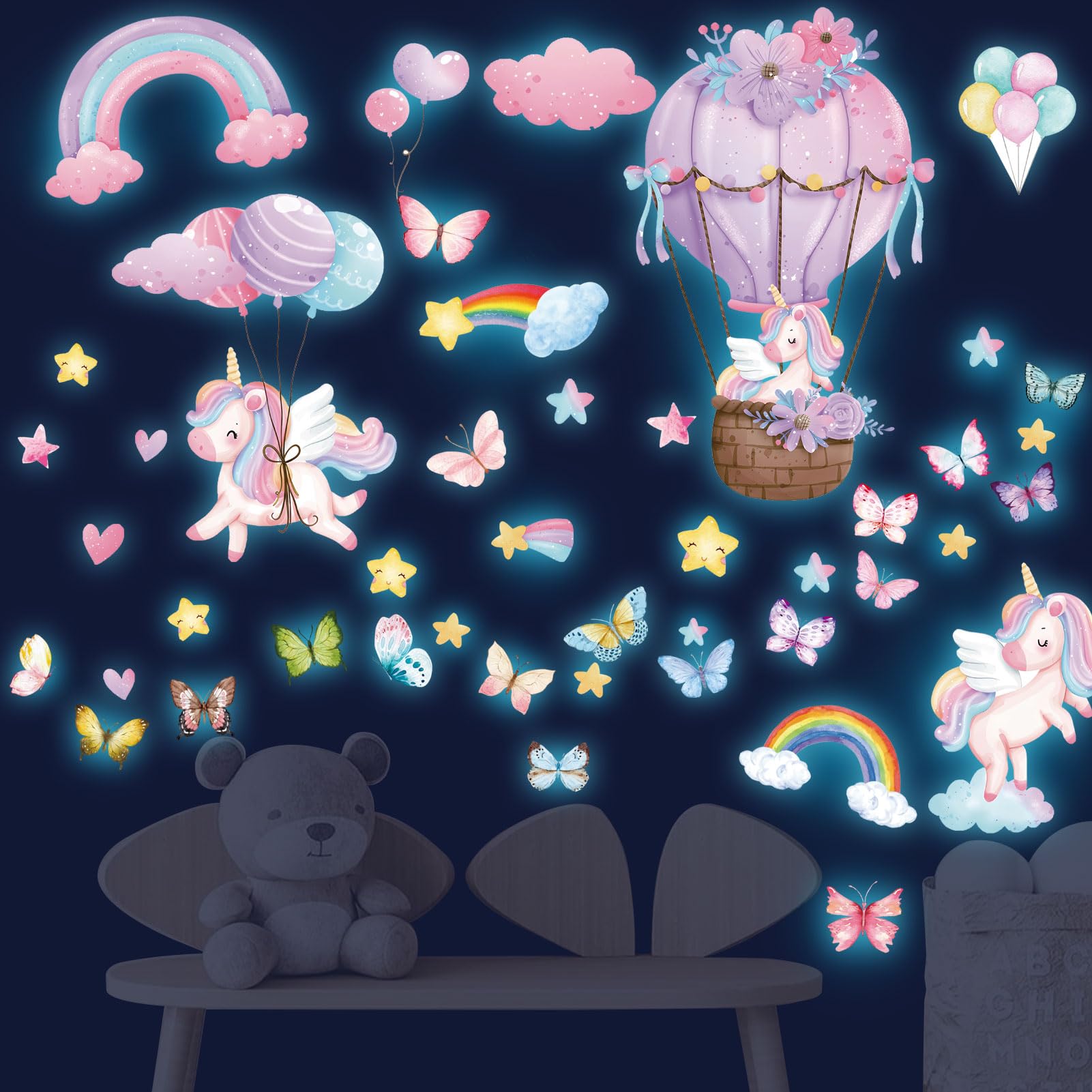 Tarklanda Glow in The Dark Stars for Ceiling Unicorn Wall Stickers Unicorn Rainbow Butterfly Wall Decals Luminous Unicorn Stars Ceiling Stickers for Girls Baby Kids Bedroom Living Room Nursery Blue — image 1