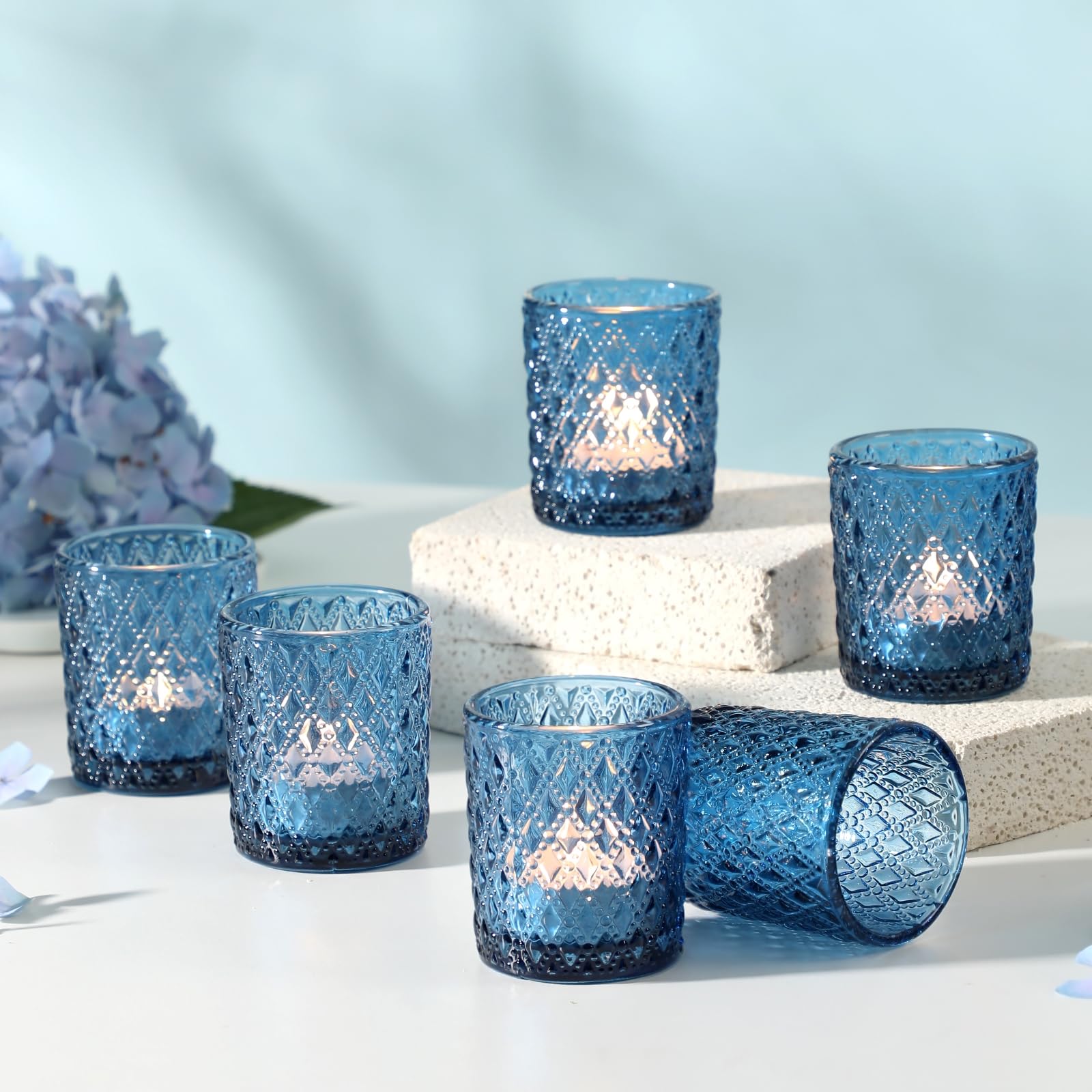 12 Pcs Votive Candle Holders, Dark Blue Tea Light Candle Holders for Table Centerpiece, Glass Candle Holder Set Wedding Centerpieces & Christmas Centerpieces for Table Home Decor (Dark Blue)