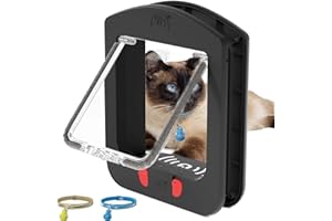 [ALUMANI] Cat Door for Interior Door and Exterior Door, 4 Way Locking Cat Door with Magnetic Flap, Collar Activated Cat Door, 2pcs of Cat Magnetic Collars, Black