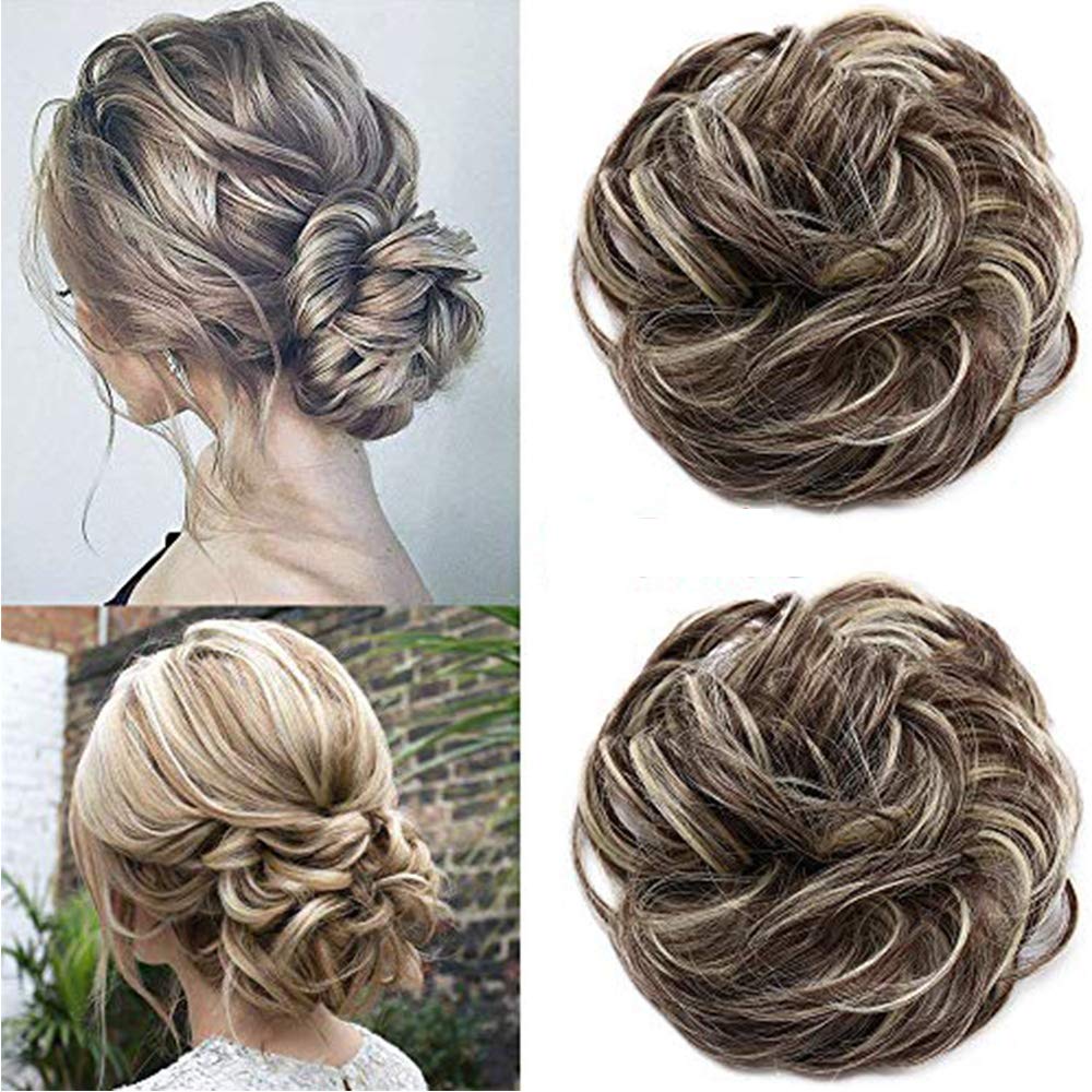 2 Packs Scrunchy Scrunchie Bun Up Do Hairpiece -Medium Brown/Bleach Blond Messy Hair Ribbon Ponytail Extensions โ image 1