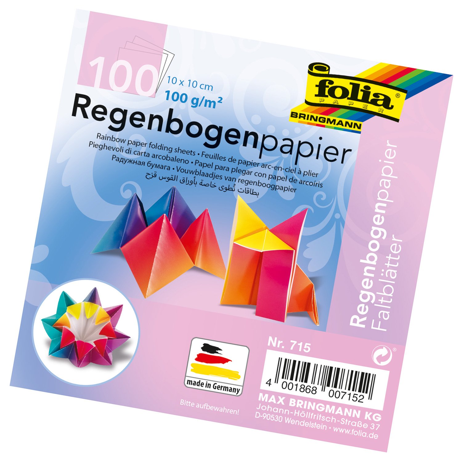 folia Bringmann Folding Origami Rainbow 110 g/m² – 100 sheets assorted colours