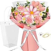 Crochet Flowers Bouquet with Lights,Pink Knitted Flowers,Handmade Crochet Roses, Heart,Gesang Flower, Wedding, Birthday, Anniversary, Motherโs Day for Her,Girlfriend Graduation Gift(Includes Card)