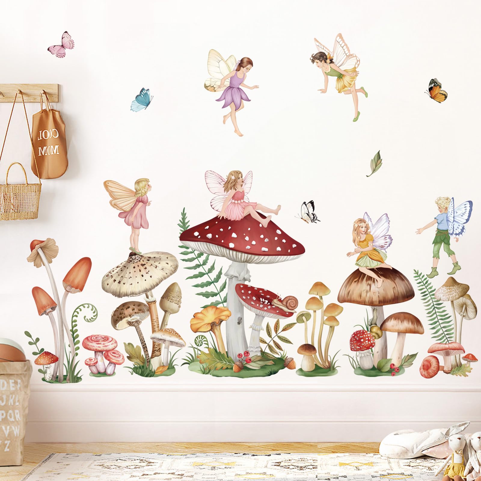 wondever Woodland Mushroom Wall Decals Fairy Butterfly Forest Peel and Stick Wall Art Stickers for Girls Bedroom Baby Nursery Living Room