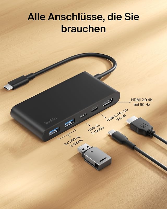 USB C Hub, 5-in-1 Docking Station, HDMI, 4K bei 60 Hz, 100 W Power Delivery, 5 Gbit/s Datentransfer, USB-C Adapter für MacBook, iPad Pro, Chromebook usw., Verbessertes HDMI 2.0 – Schwarz