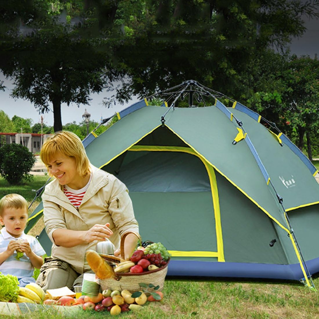 2 Or 3 Person Waterproof Automatic Outdoor Tent Army Green Portable Double Layer Instant Camping Hiking Hunting Picnicing Fishing Family Backpack Two Mesh Doors Tent