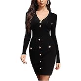 M.Infisavo Womens Sweater Knit Bodycon Dress, V Neck Mini Casual Dresses Long Sleeve Button Down Vintage Fall Elegant Outfit
