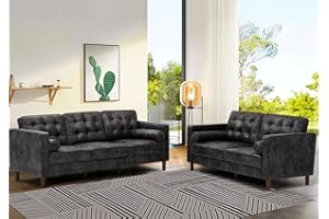 Lesofair 2 Pieces Faux Leather Sofa Set with Bolster Pillows,Tufted 3-seat Sofa and Loveseat Couch with Wooden Legs, Upholstered Living Room Set for Living Room, Office, Black