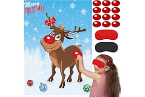 IPARTYCOOL Upgraded, Christmas Games, for Kids, Family Party, Pin The Nose on Rudolph Game, Fun Xmas Games, Classic Design, with Premium Poster, Reusable Stickers, Eye Mask, Ideal Christmas Party Activities