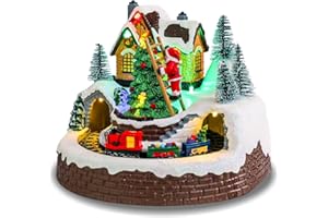Ovewios Christmas Village Houses, Polyresin Christmas House Village with Moving Train & Colorful Warm LED Lights & 8 Songs,Battery Operated, Indoor Christmas Decor,Gift for Village Collection Lovers