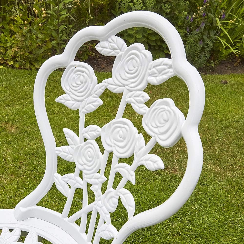 Home Source Rose Garden Patio Outdoor Bistro Set Table and 2 Chairs Metal Garden Furniture, White, Table 2 Chairs - Image 5