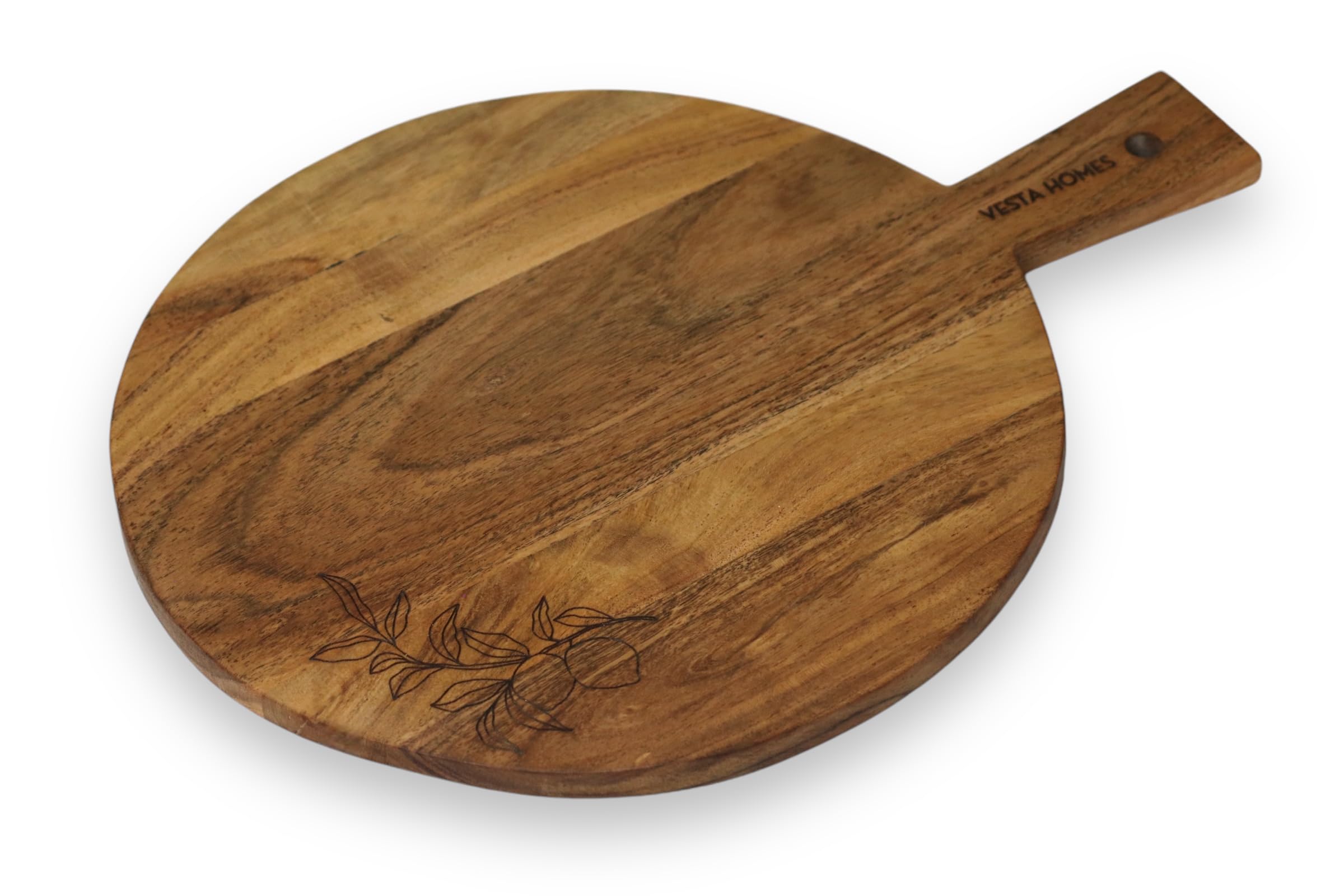 Vesta Homes Wooden Round Chopping Board/Cutting Board/Serving Board, Plate for Pizza, Vegetables, Fruits and Cheese | Natural Acacia Wood | 44 x 33 x 1.5 cm | Handcrafted in India