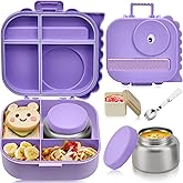 Pawtong Bento Lunch Box with Thermo, 4-Compartment Bento Box with Adjustable Dividers, Leakproof Dinosaur Lunch Box with 14.2OZ Insulated Food Jar & Sauce Jar, for School Office Travel (Purple)