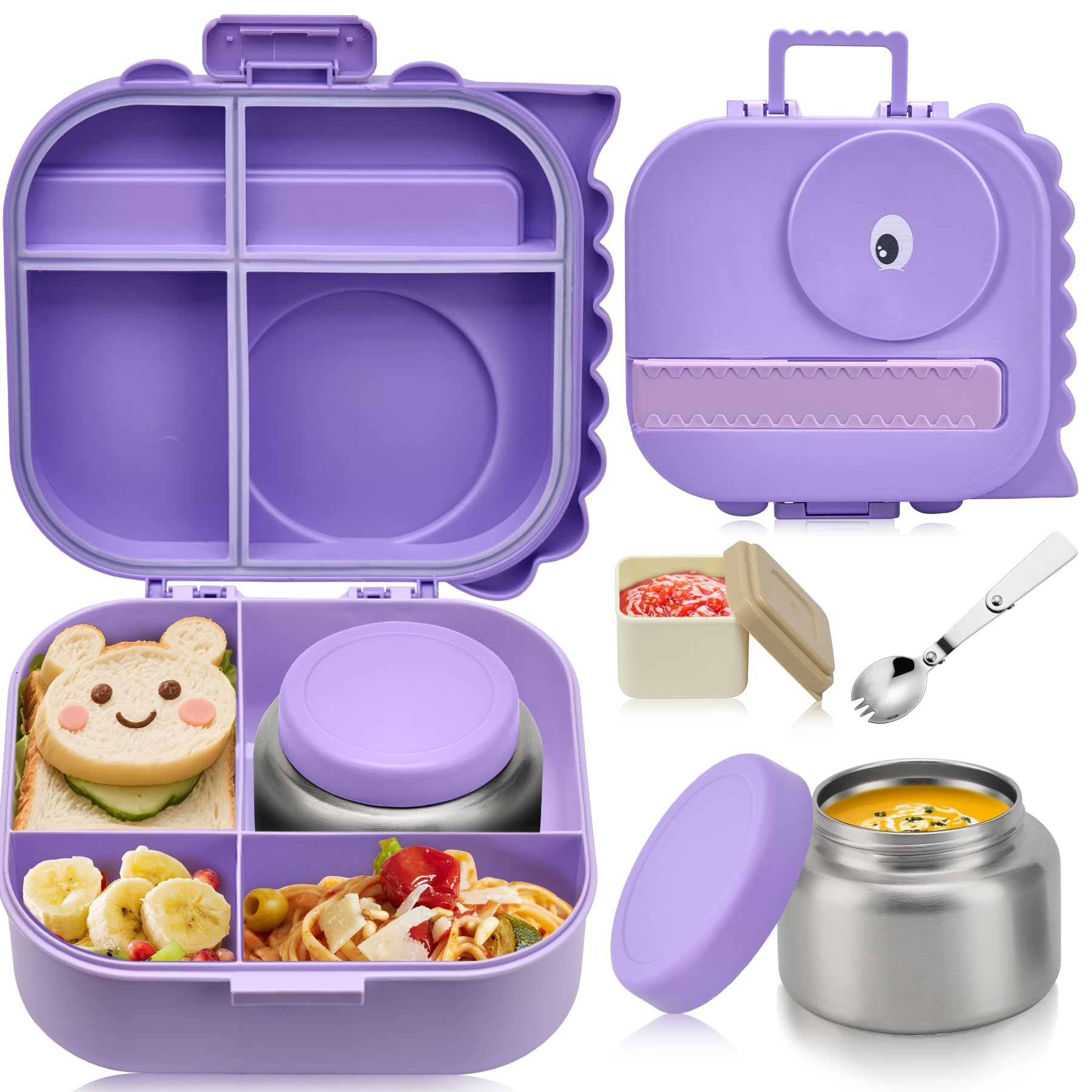 Photo 1 of **LID IS DAMAGED**Pawtong Bento Lunch Box with Thermo, 4-Compartment Bento Box with Adjustable Dividers, Leakproof Dinosaur Lunch Box with 14.2OZ Insulated Food Jar & Sauce Jar, for School Office Travel (Purple)