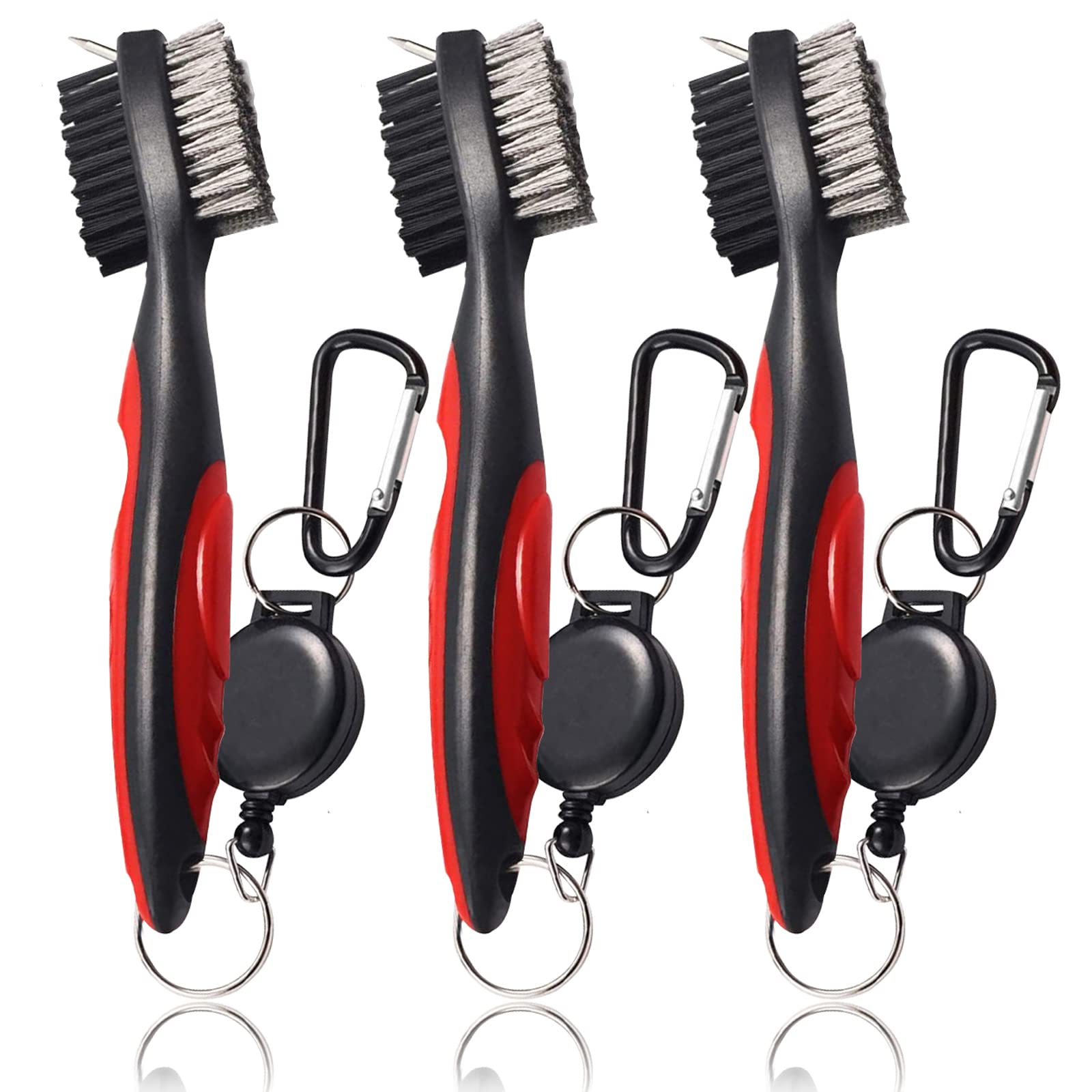 AXKAL Golf Club Brush Groove Cleaner Retractable 2 Ft Zip-line, Gof Aluminum Carabiner-Lightweight Stylish-Easily Attaches to Golf Bag Sports Outdoor for Men Women (3 Pack Red)