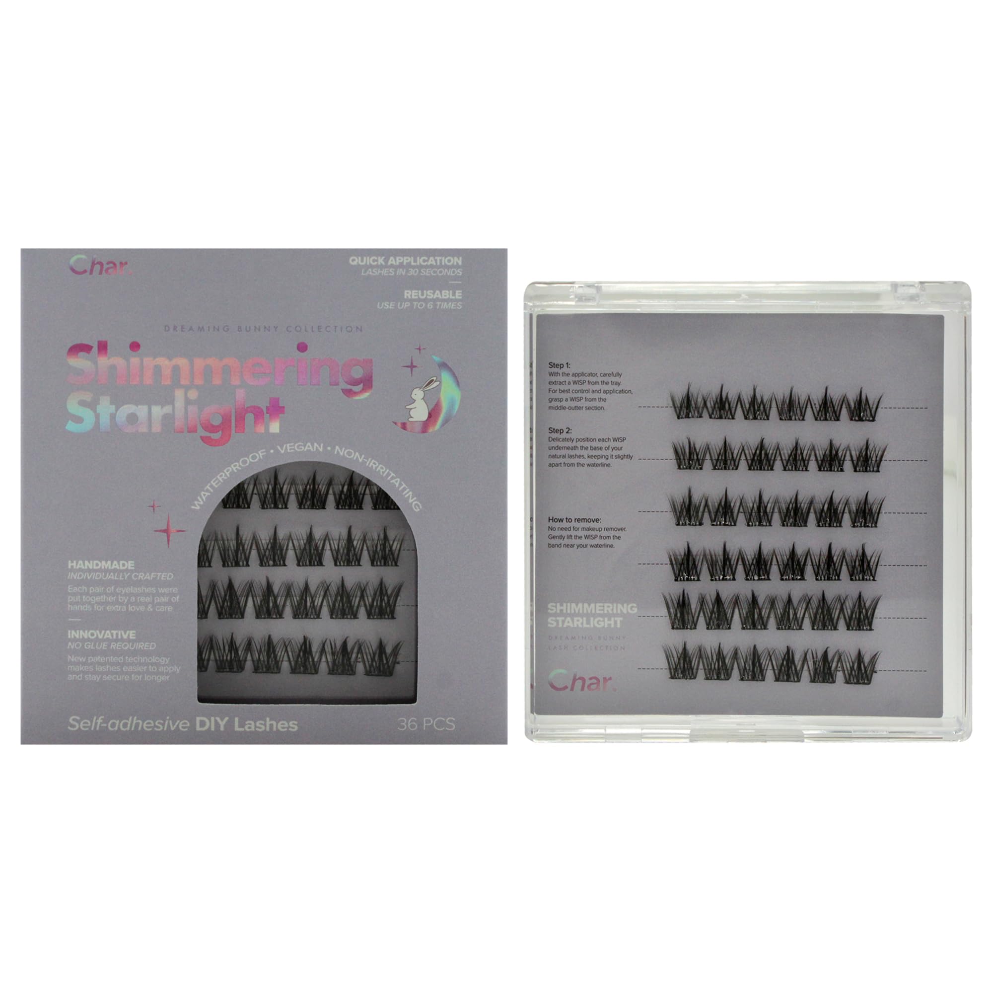 Char Cosmetics Eye Lashes - Sweatproof, Natural Look False Eyelashes - Reusable Fake Eyelashes for Comfortable Fit - Shimmering Starlight - 36 pc