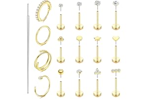 ORAZIO 14K Gold Filled Nose Rings Studs Hoops for Women Men 20G 18G Hypoallergenic Surgical Steel Push in Threadless Flat Back Earrings CZ Helix Tragus Lip Cartilage Medusa Nostril Piercing Jewelry