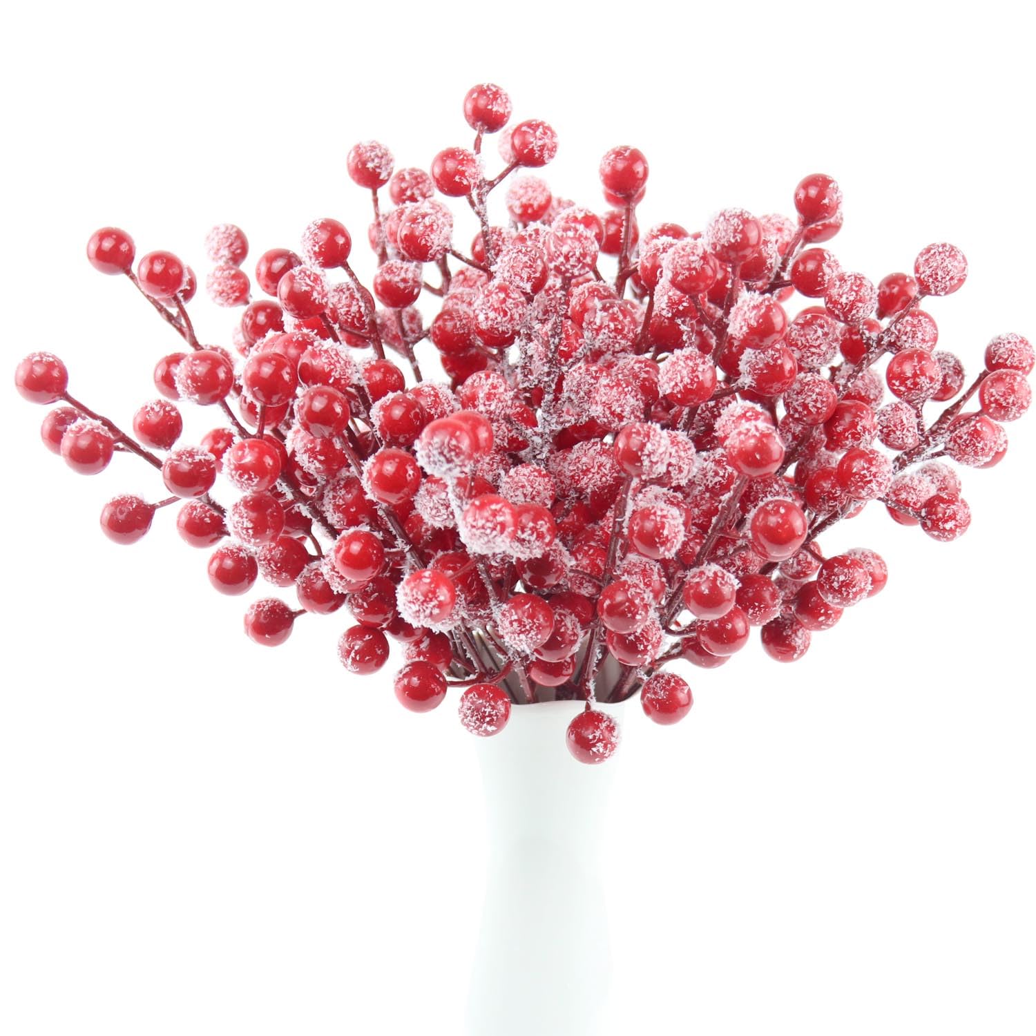 Feizeisun 30 Pcs Frosted Red Berries 8.9 Inch Artificial Snowy Red Berry Stems Christmas Berries Holly Berries Picks for Christmas Tree Decorations DIY Crafts Wreath Making Supplies