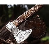 Viking Axe | Hand-Forged Carbon Steel Tomahawk with Rosewood Handle & Leather Sheath, Bearded Axe for Camping, Bushcraft, Throwing, Gifts for Men (Wood)