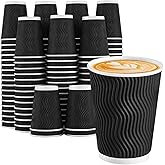 Lamosi Disposable Coffee Cups 12 oz 100 Pack, Paper Coffee Cups 12 oz for Hot Drinks or Cold Beverages, Insulated Corrugated Ripple Wall Cup for Office, Cafe, Home or Travel (Black)