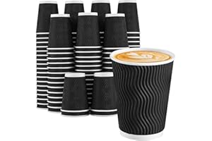 Lamosi Disposable Coffee Cups 12 oz 100 Pack, Paper Coffee Cups 12 oz for Hot Drinks or Cold Beverages, Insulated Corrugated Ripple Wall Cup for Office, Cafe, Home or Travel (Black)