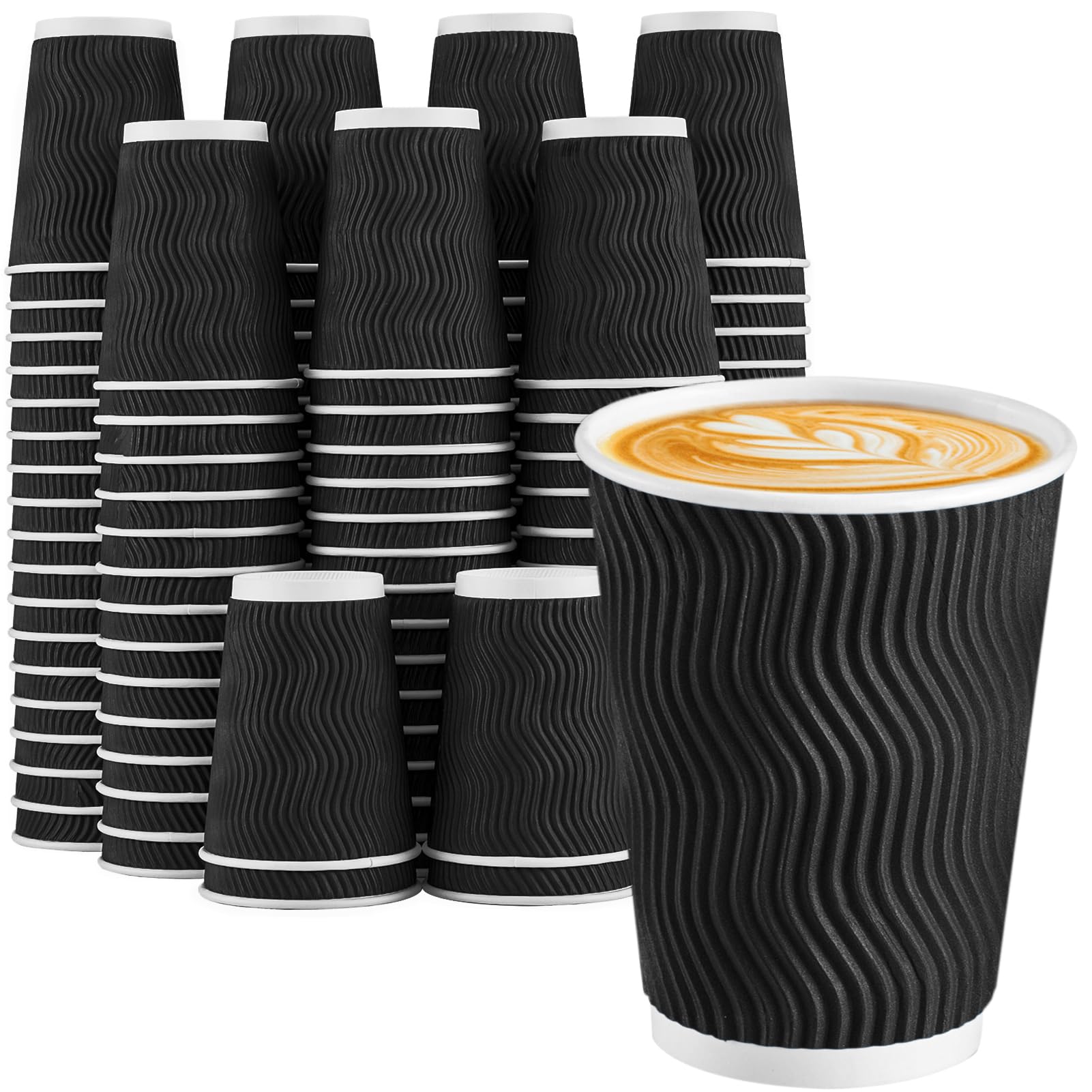 Photo 1 of Lamosi Disposable Coffee Cups 12 oz 100 Pack, Paper Coffee Cups 12 oz for Hot Drinks or Cold Beverages, Insulated Corrugated Ripple Wall Cup for Office, Cafe, Home or Travel (Black)