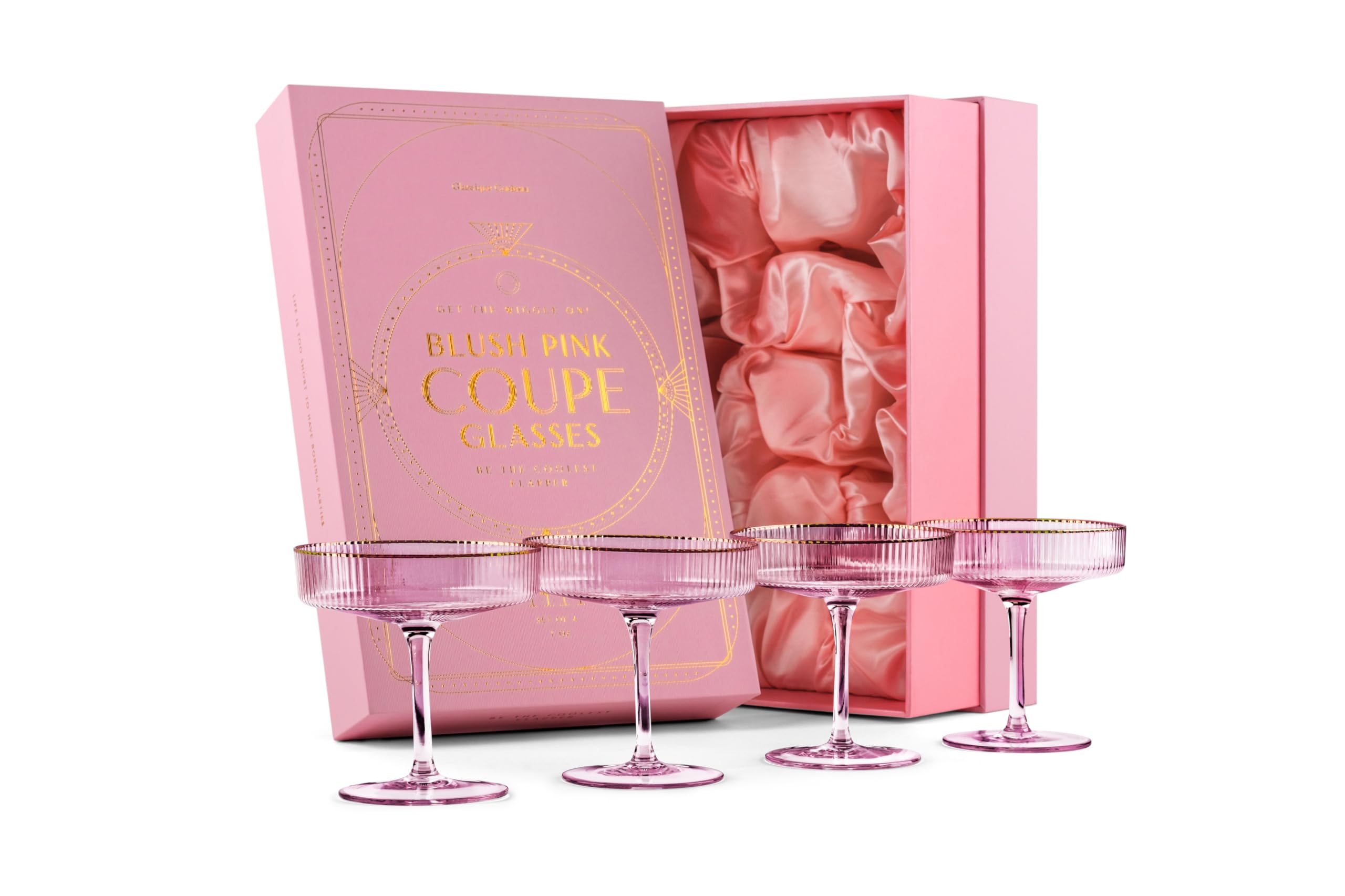 GLASSIQUE CADEAU Vintage Art Deco Blush Pink Coupe Glasses with Gold Rims | Set of 4 | 200 ml Crystal Ribbed Cocktail Glassware for Drinking Champagne, Martini, Cosmopolitan | Girly Speakeasy Saucers