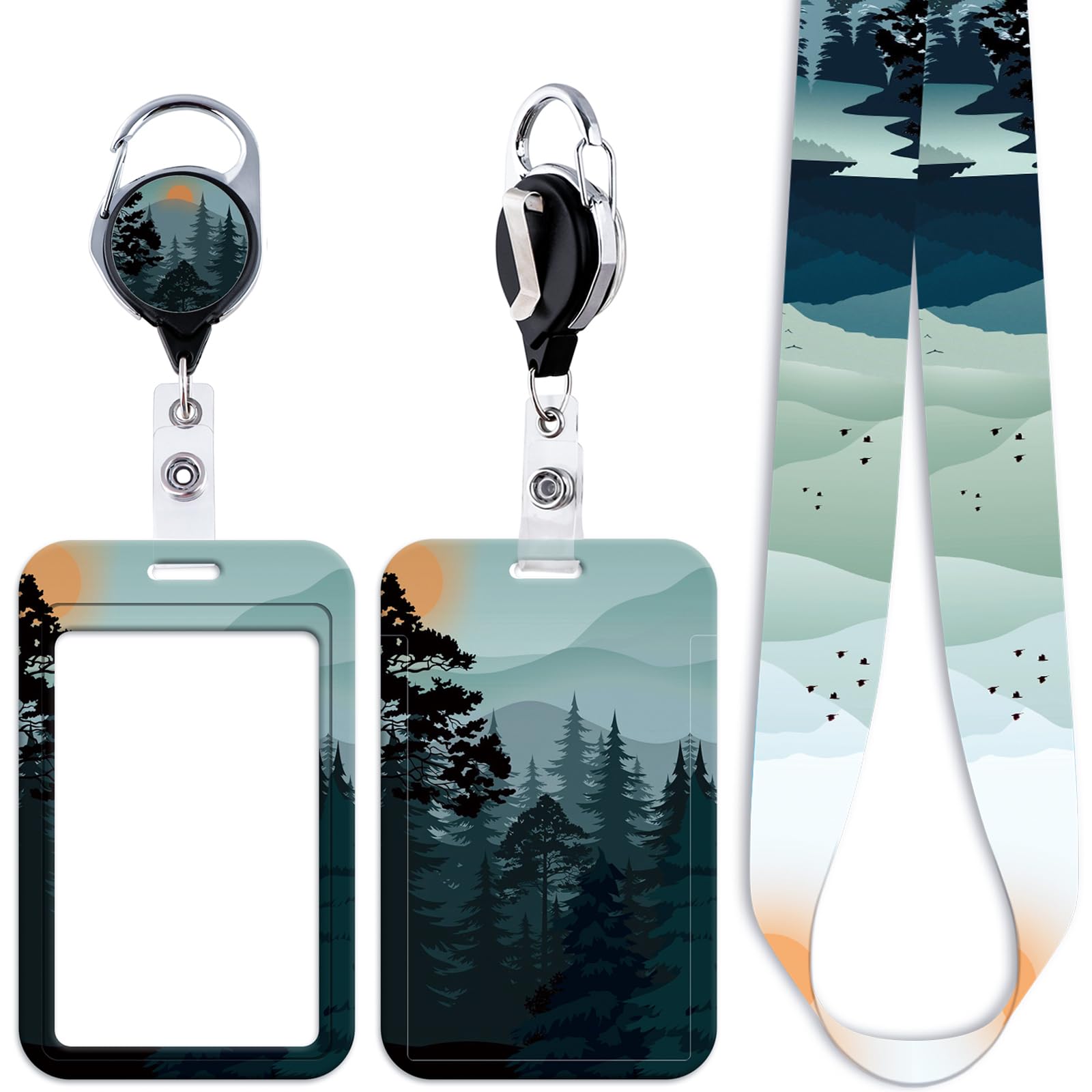 Juanooo Mountain ID Lanyard Card Holder & Retractable Badge Reel Clip Cool Sunset Keychain Lanyard ID Holder for Women Men Teachers Doctors for Keys Wallet Name Tag(Tree) — image 1