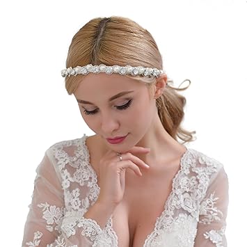 Amazon Com Bridal Hair Band With Ribbon Wedding Headband Pearls