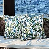Magpie Fabrcis Pack of 2 Outdoor Waterproof Throw Pillow with Insert 18 x 18 Inch, Christmas Decorative Back Cushion Pad for Garden Patio Tent Balcony Couch Sofa(Floral Blue Green)