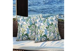 MAGPIE FABRICS Magpie Fabrcis Pack of 2 Outdoor Waterproof Throw Pillow with Insert 18 x 18 Inch, Christmas Decorative Back Cushion Pad for Garden Patio Tent Balcony Couch Sofa(Floral Blue Green)