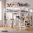 GM Ultra Full Size Loft Bed with Desk & Storage Stairs, Metal Loft Bedframe with Wardrobe, Versatile High Loft Bed for Kids Teens Adults, Sturdy Slats Support, No Box Spring Needed, White