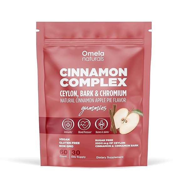 OMELA NATURALS SUGAR-FREE CEYLON CINNAMON COMPLEX GUMMIES APPLE CINNAMON FLAVOR | IMMUNE SUPPORT & ANTIOXIDANT SUPPLEMENTS | 2000MG CINNAMON COMPLEX WITH CHROMIUM | VEGAN, NON-GMO, GLUTEN-FREE| 60CT